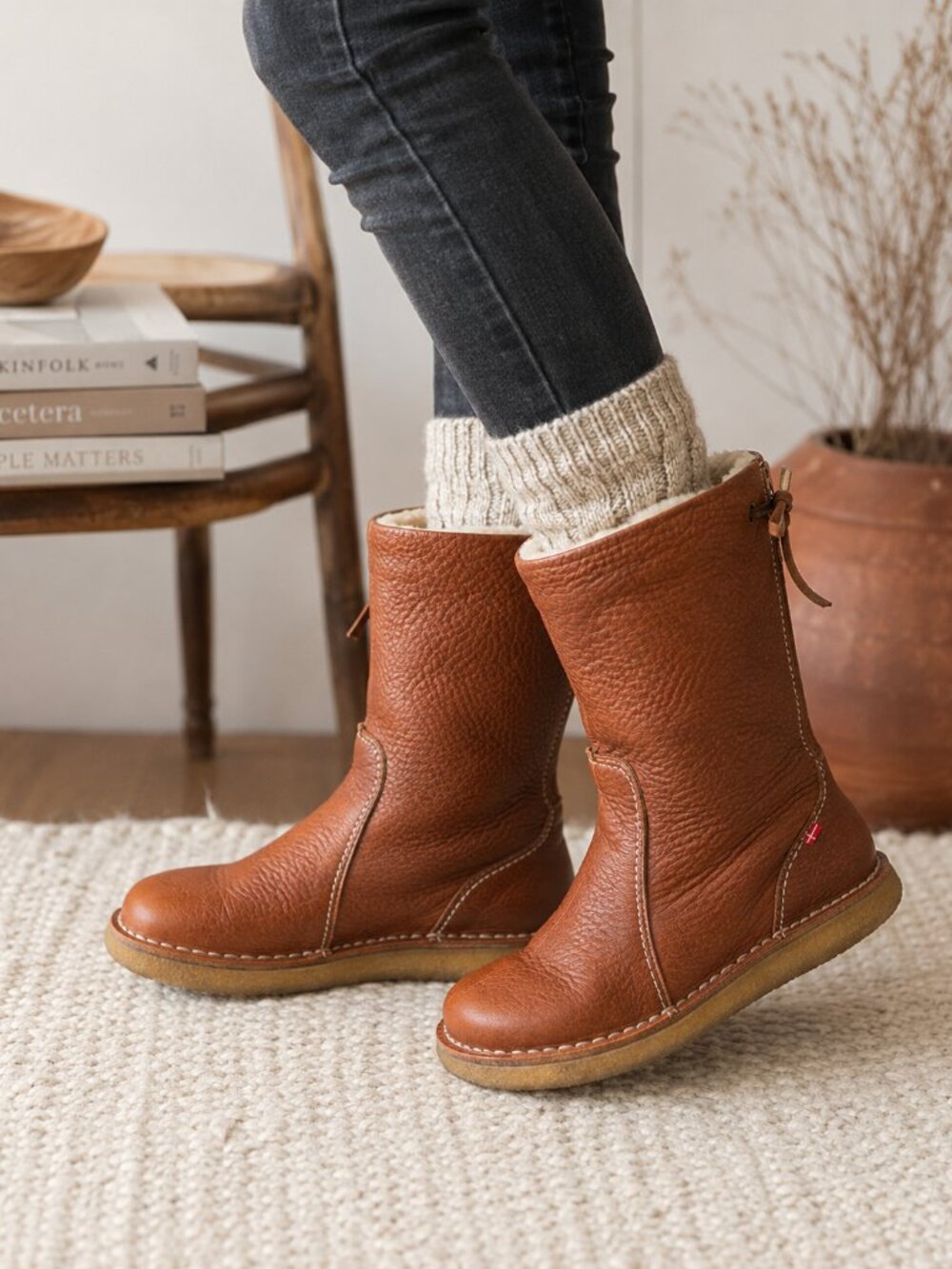 Duckfeet Aarhus Wool Lined Boots EU 38 US 7.5 8 Cognac Brown Danish Leather Crep